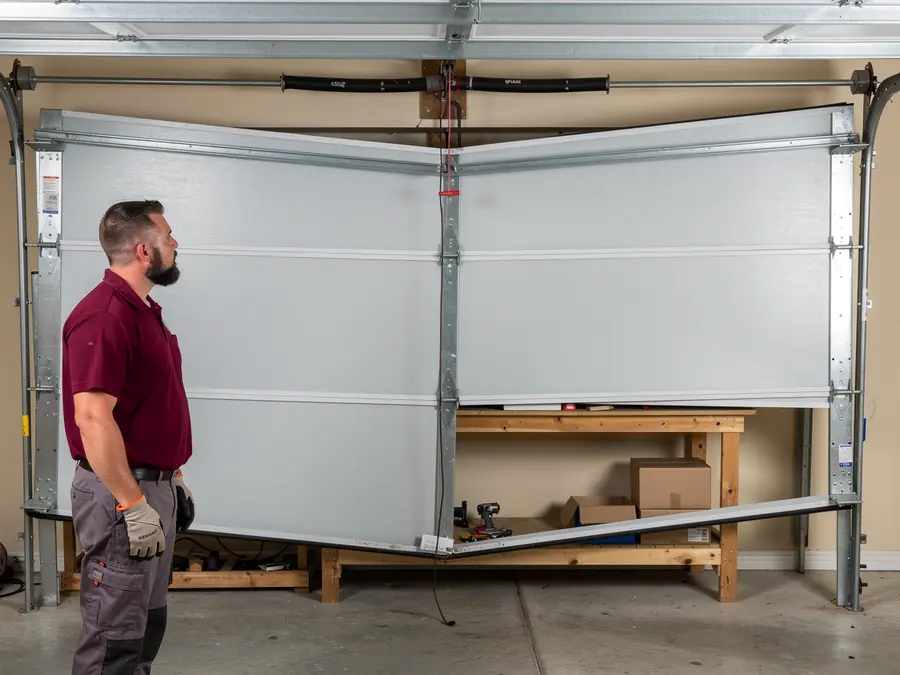 A technician stands in front of a bent and damaged garage door.