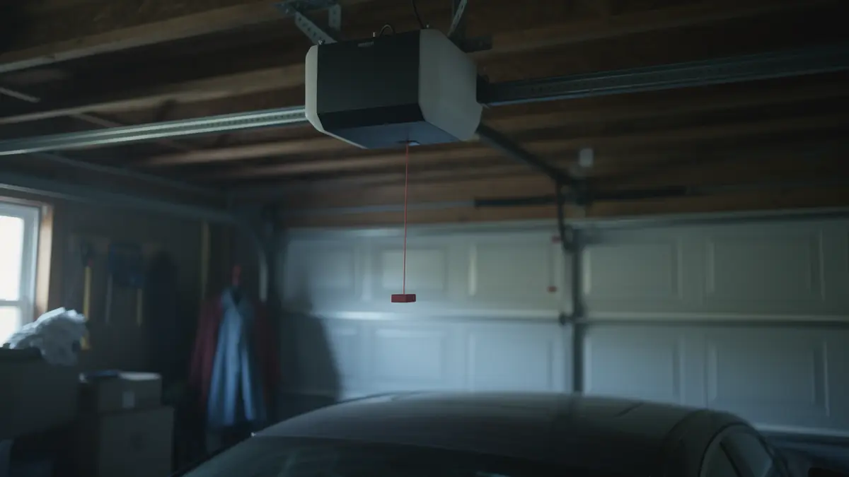 A garage door opener hangs from the ceiling above a car and a closed garage door.