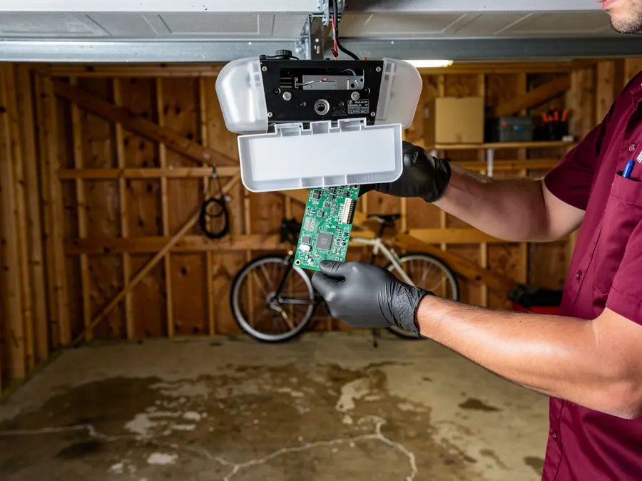 A technician in black gloves holds a circuit board near a garage door opener.