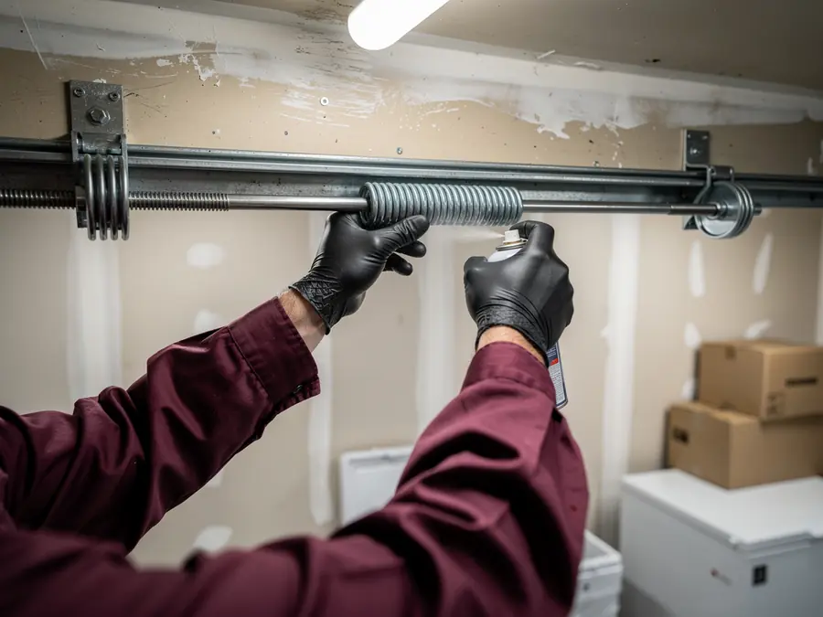 A technician in black gloves sprays lubricant on a garage door torsion spring.