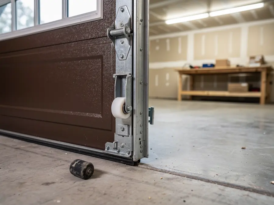 A brown garage door with a white roller and a detached black roller on the floor.
