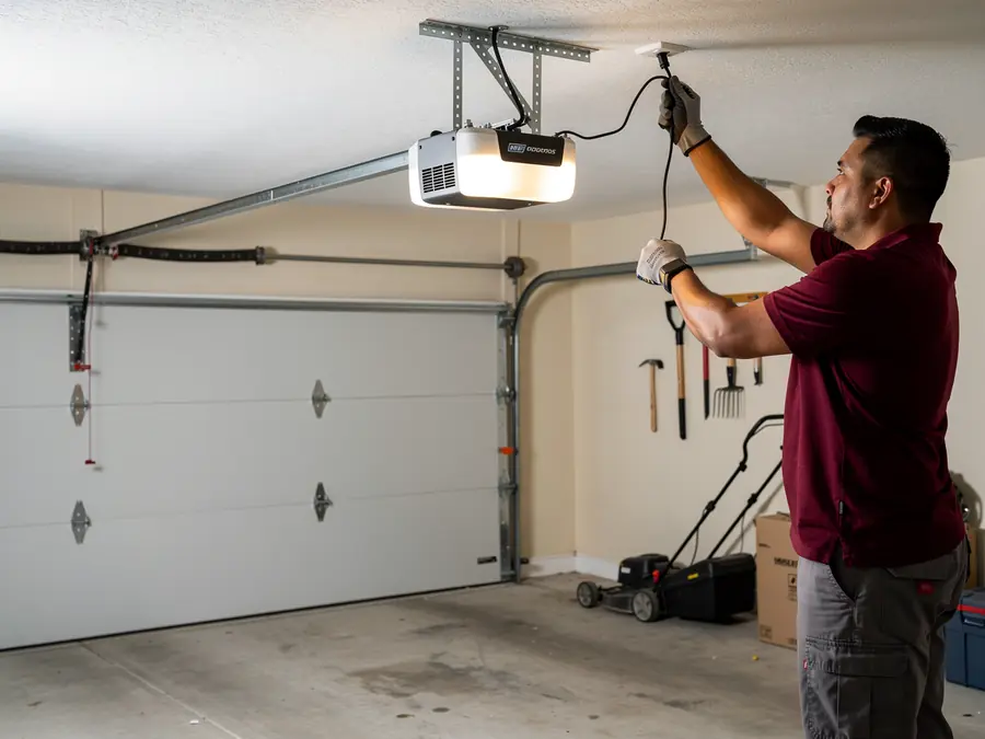 A technician plugs in a garage door opener above a white garage door.