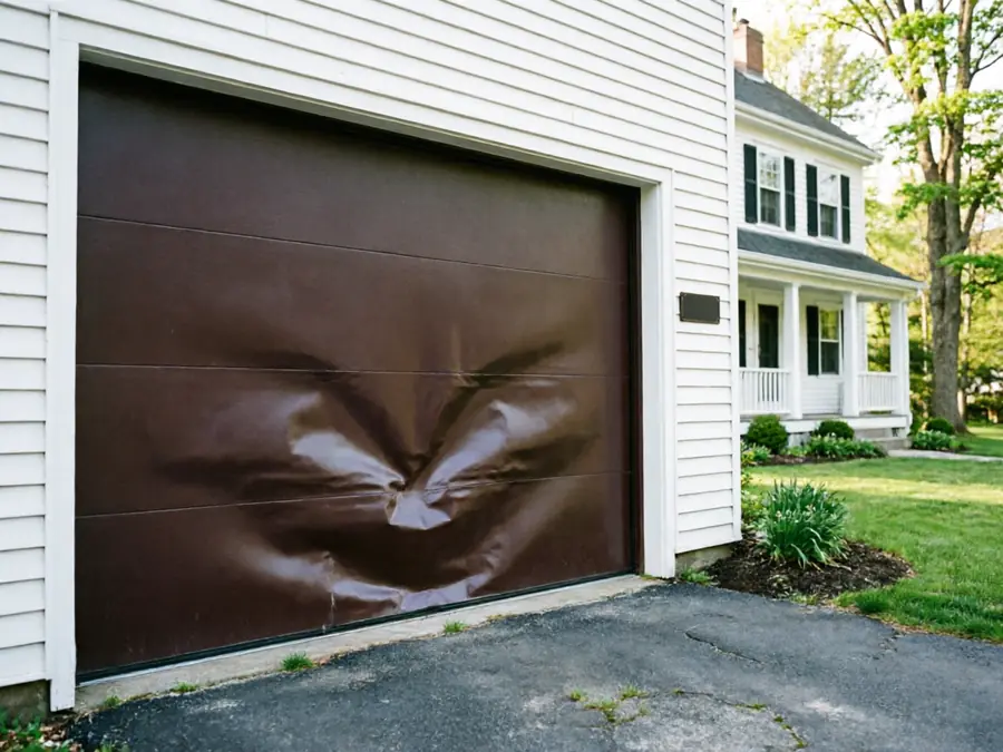 A brown garage door with a large dent is attached to a white house.