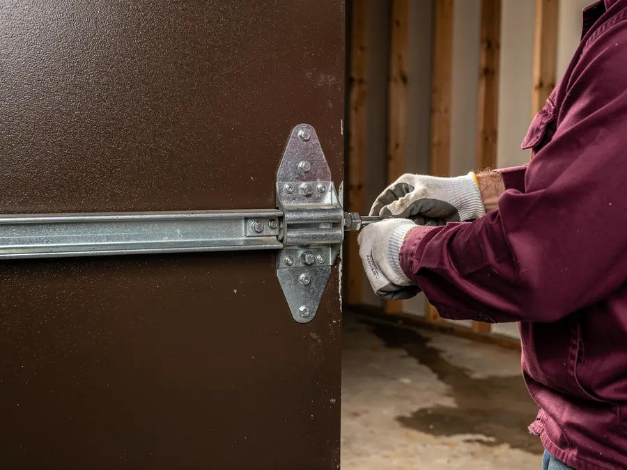 A technician adjusts a brown garage door hinge and track.