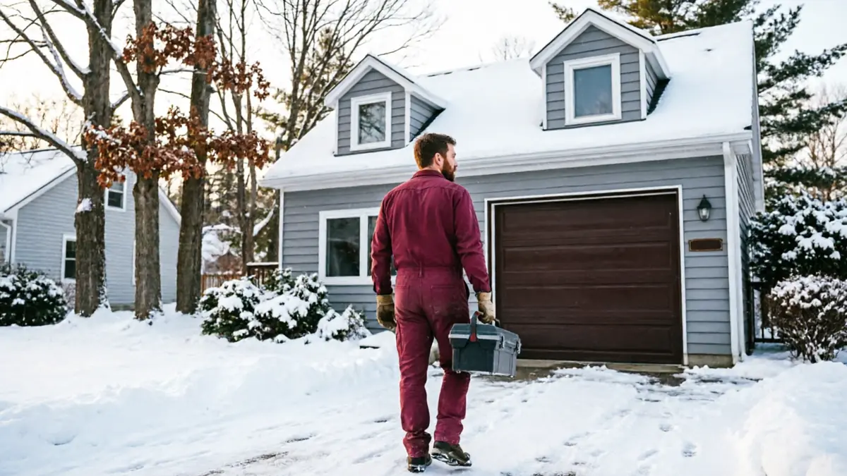 A technician in a red jumpsuit carries a toolbox toward a house with a brown garage door.