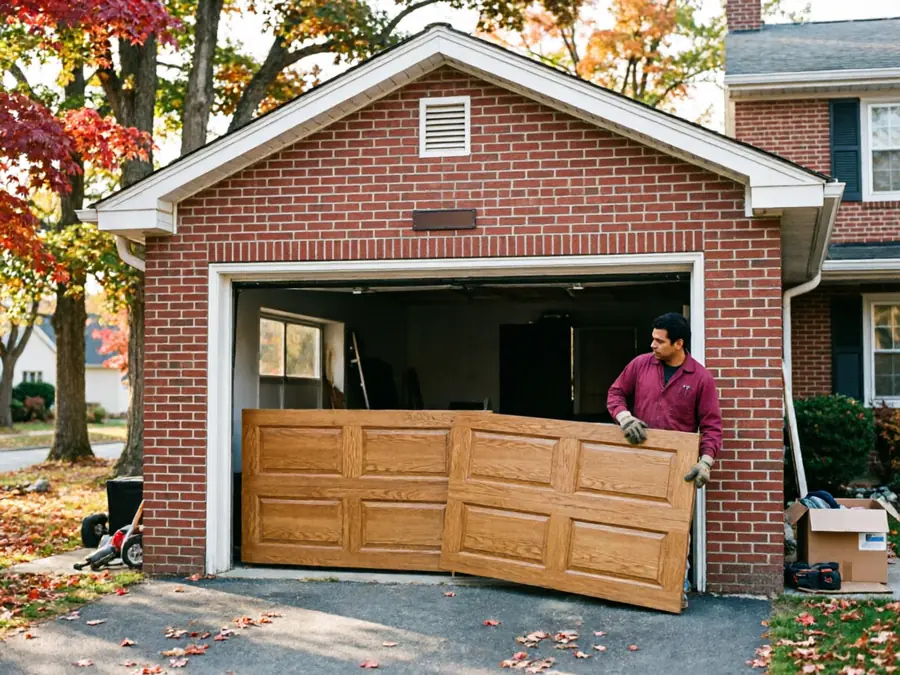 A technician is installing a wooden garage door panel into a brick garage.