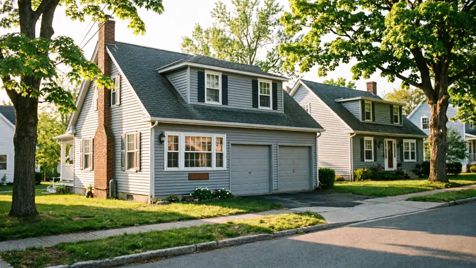 A gray house with two garage doors and a dormer is visible from the street.