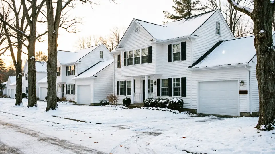 A row of white houses with white garage doors and snow on the ground.