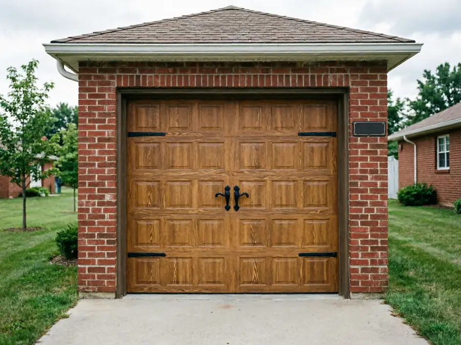 A brown wooden garage door with black handles on a brick garage.