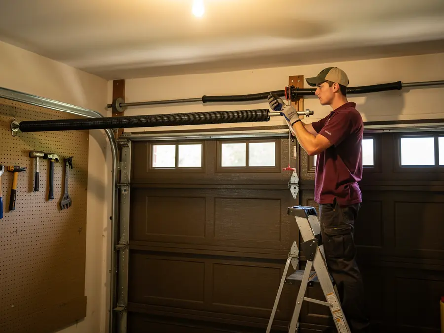 A technician on a ladder adjusts the torsion spring above a brown garage door.